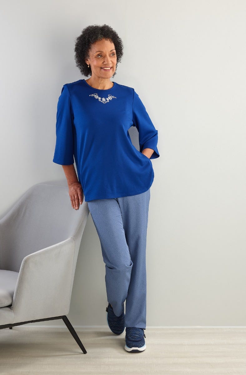 Women's Open Back Embroidered 3/4 Sleeve Top